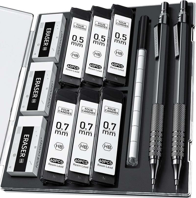 Four Candies 2PCS Metal Mechanical Pencils Set with Case, 0.5mm & 0.7 mm Artist Pencil with 6 Tubes (360PCS) HB Lead Refills, 3 Erasers,9 Eraser Refills For Writing Drafting, Drawing, Black - Image 1